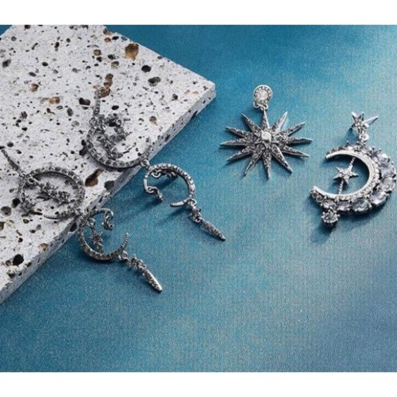 2 Pairs Silver Crescent Moon Star Statement Earrings Gothic Boho Dangle Earrings - Picture 4 of 5